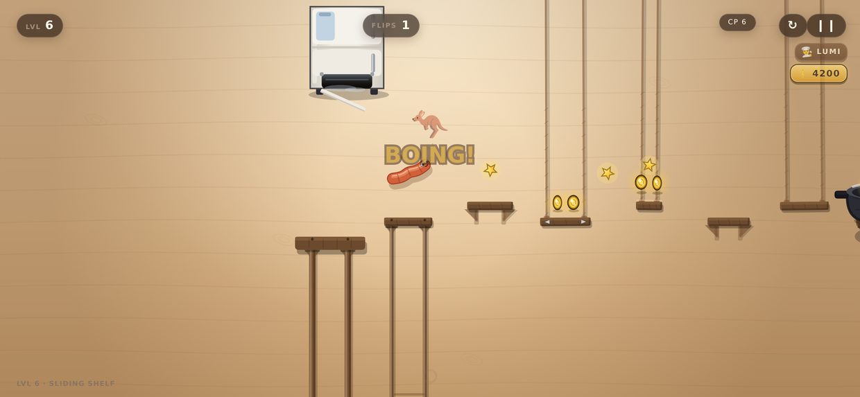 The sausage mid-flight between two shelves