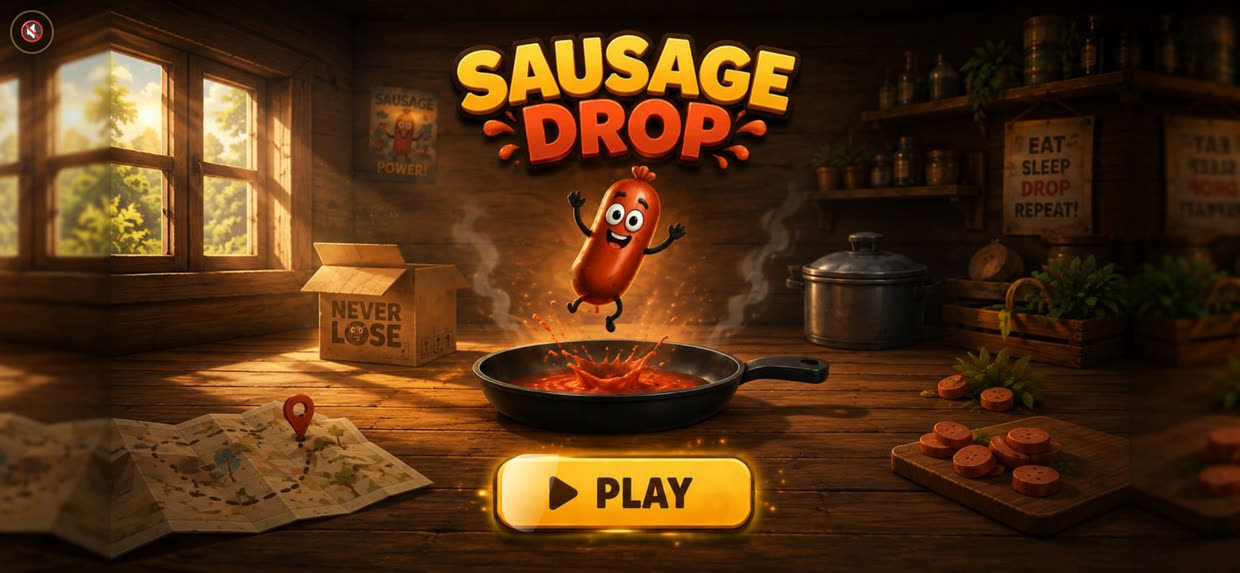 The title screen: a sausage over a hot pan